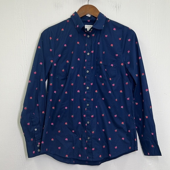 J.Crew - Apple Print Navy Poplin Button Down Long Sleeve Blouse Size Small - Picture 7 of 10